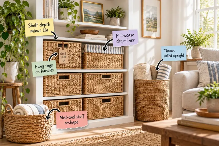 A white bookcase with perfectly flush seagrass baskets on the lower shelves, flanked by two floor baskets with sticky note labels pointing out styling details.