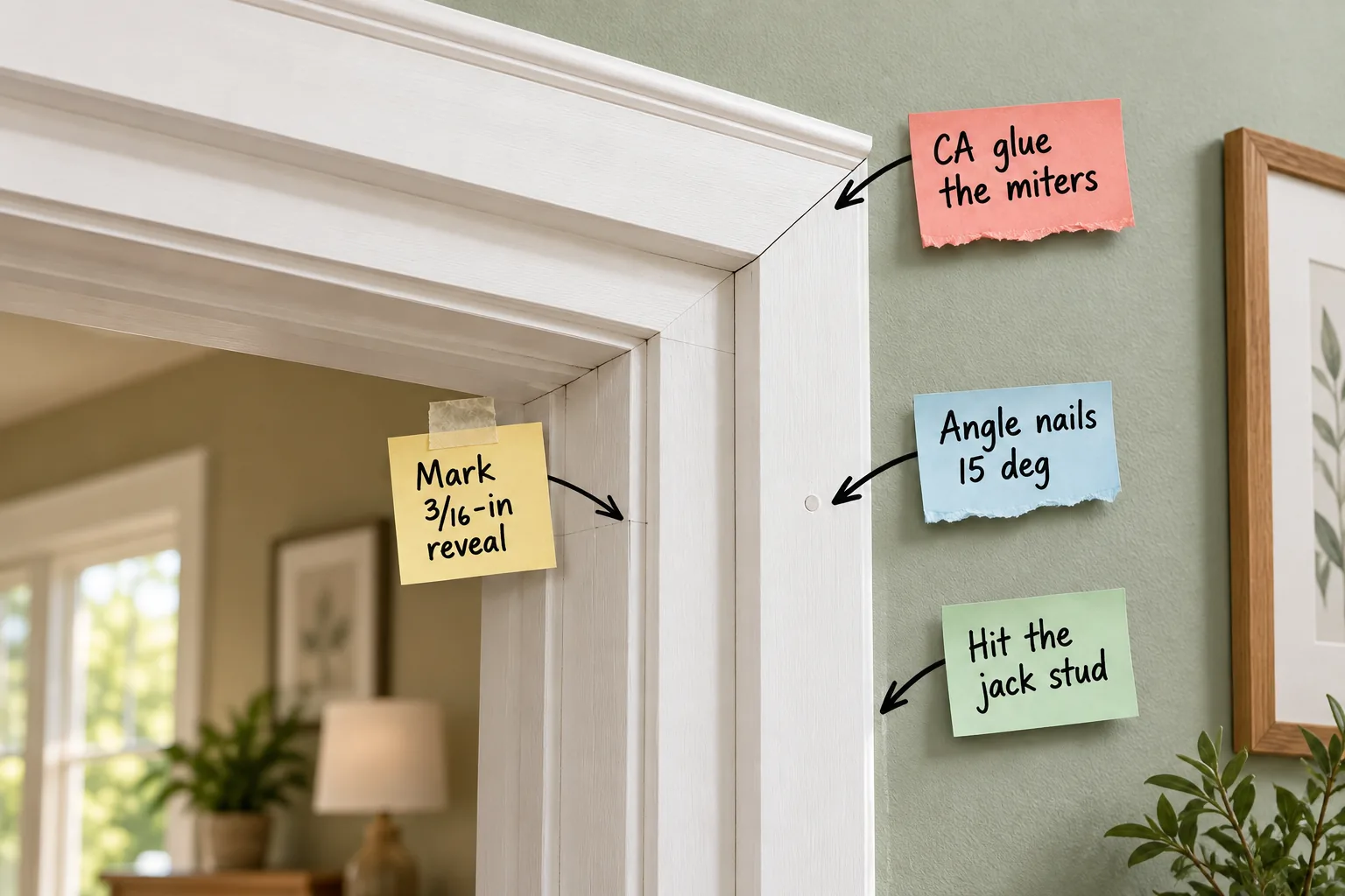 Close-up angled view of freshly installed white craftsman door casing against a sage green wall, with sticky notes pointing out installation measurements.