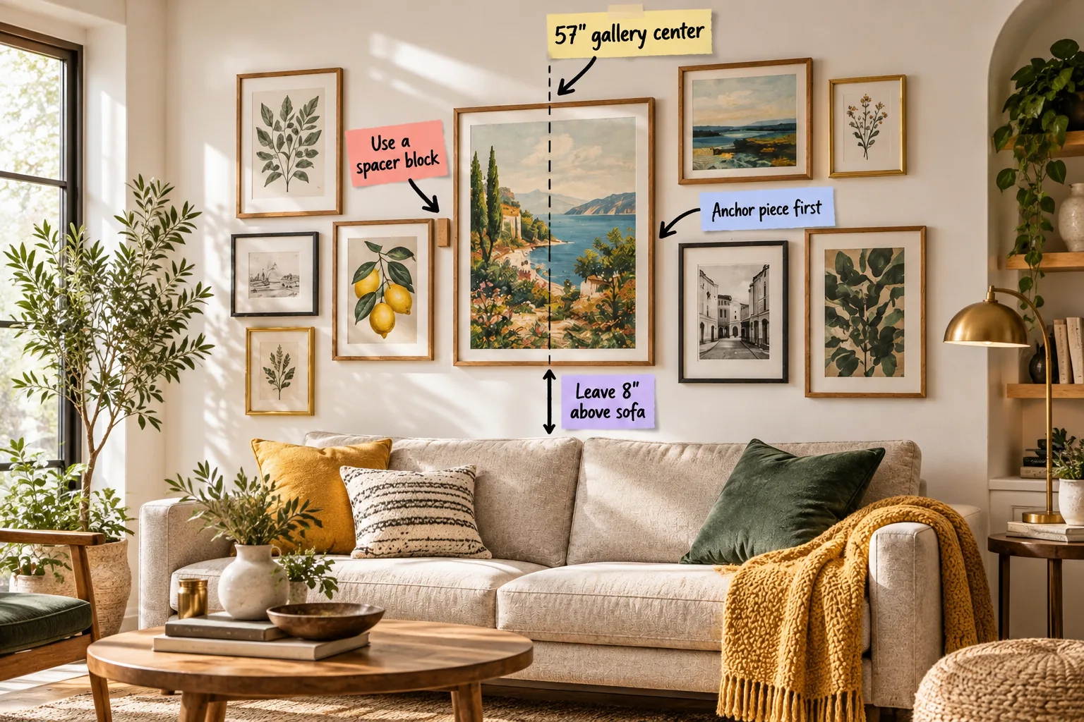 A beautifully balanced, eclectic picture wall hanging above a stylish mid-century sofa in a bright, airy living room, annotated with measurements and hanging tips.