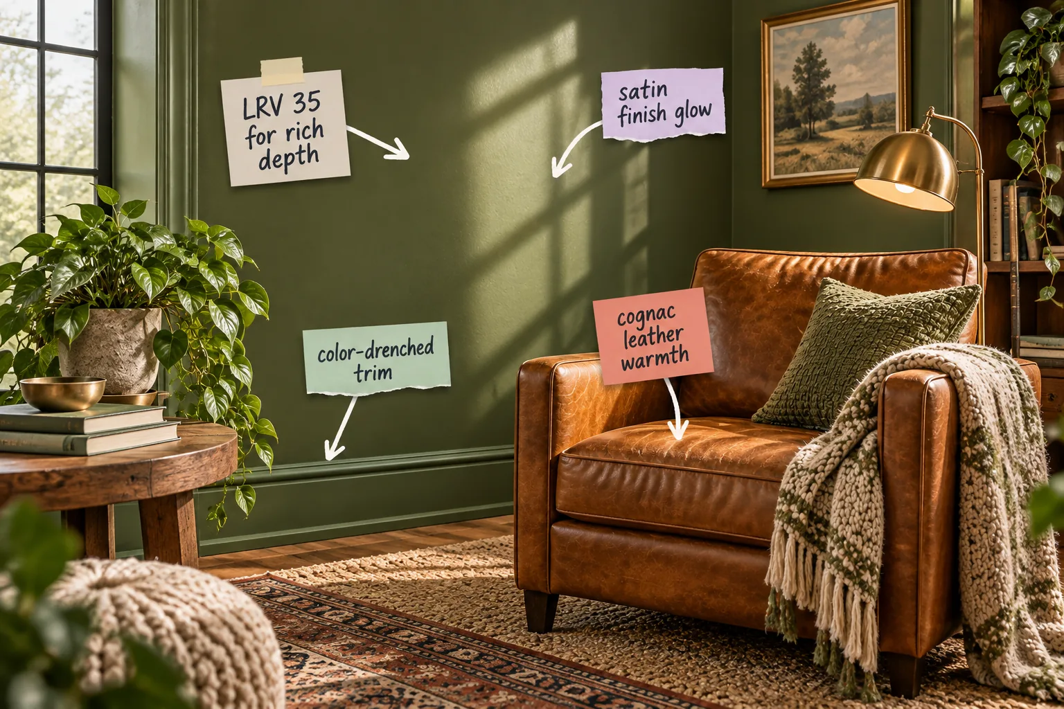 A cozy living room corner with olive green walls, a cognac leather armchair, and a brass floor lamp, annotated with design notes.