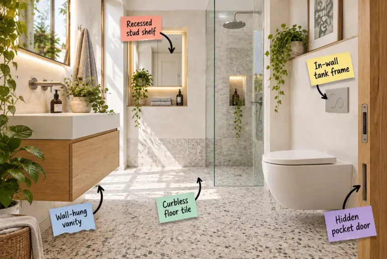 Modern compact bathroom featuring a floating oak vanity, wall-hung toilet, and seamless terrazzo flooring.
