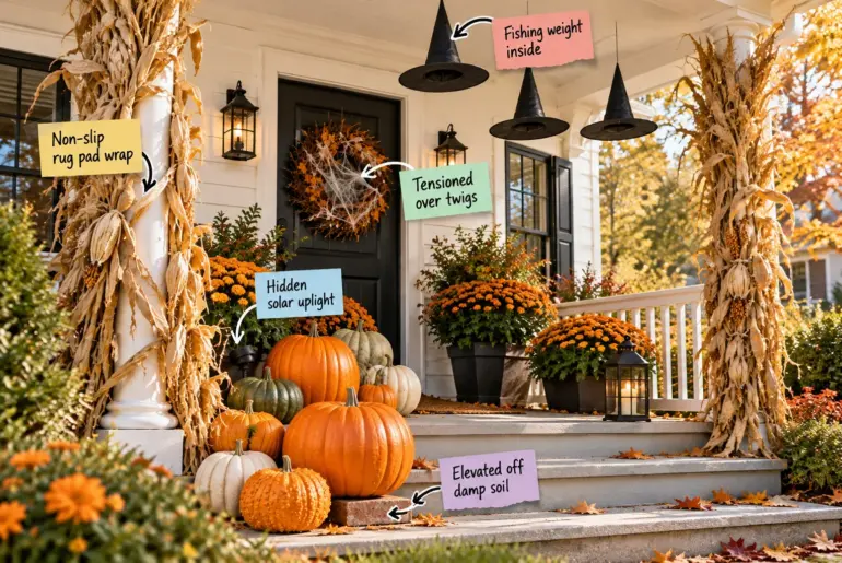 Front porch decorated for Halloween with floating witch hats, corn stalks on the pillars, and a cascade of orange and green pumpkins on the steps.