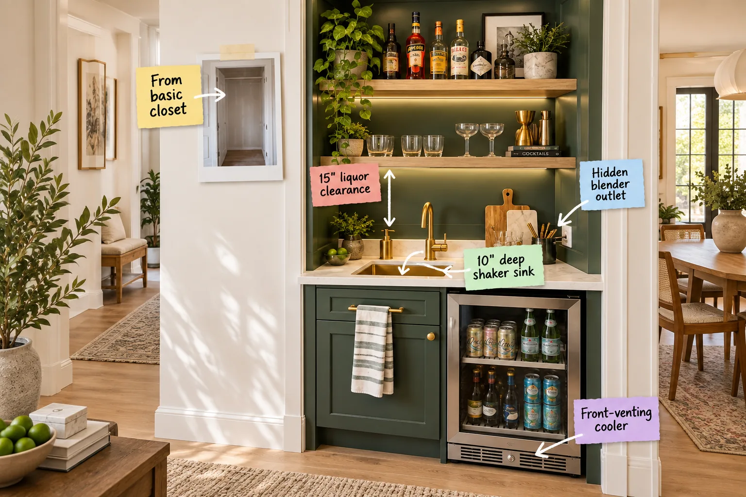 Annotated view of a dark green wet bar built into a closet space, highlighting the sink, cooler, outlets, and shelf spacing.