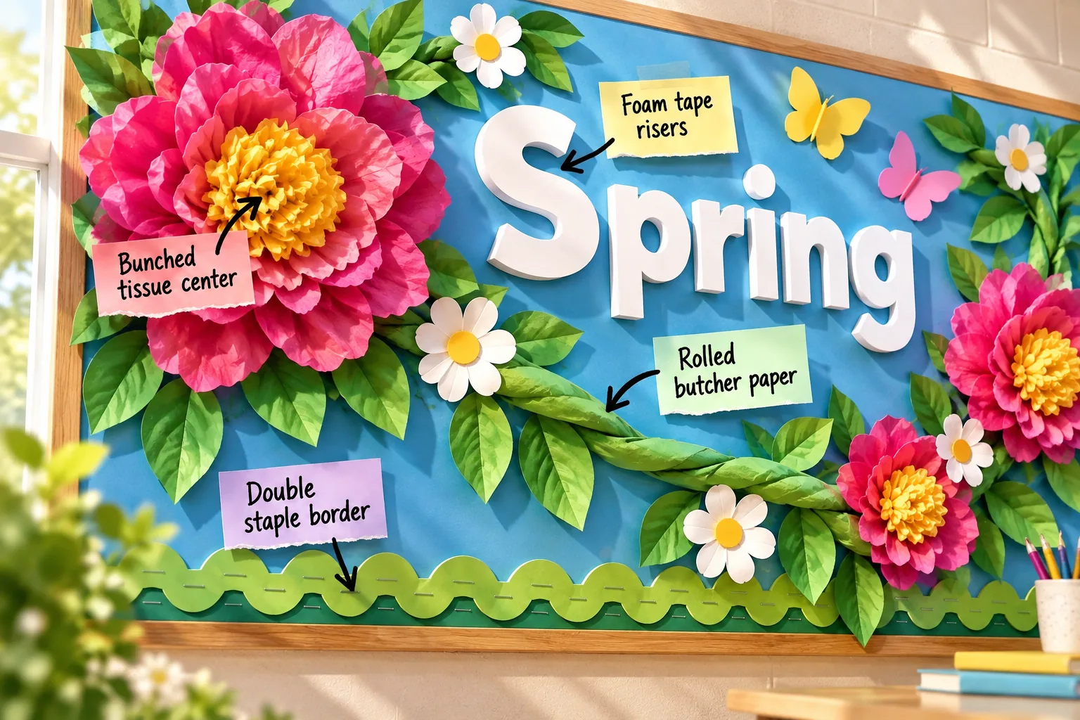 A bright blue spring bulletin board with 3D pink tissue paper flowers, green rolled paper vines, and floating white letters, annotated with sticky notes.