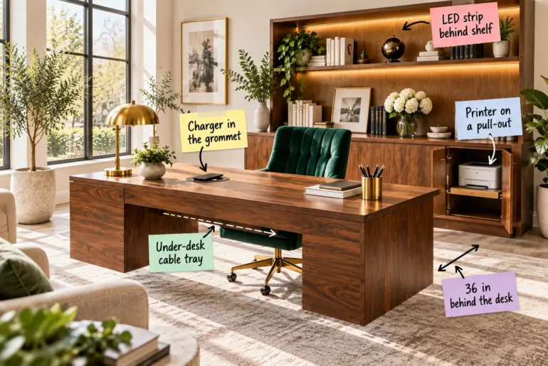 A bright executive office with a floating walnut desk, emerald green velvet chair, and a backlit wood credenza and bookshelf.