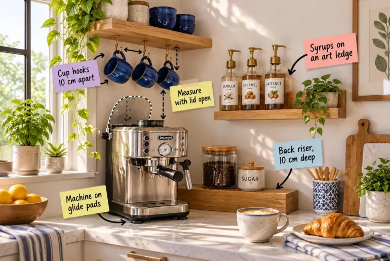 A compact coffee bar set up in a kitchen corner, featuring an espresso machine, a wooden back riser, a picture ledge with syrups, and a floating shelf with hanging blue mugs.