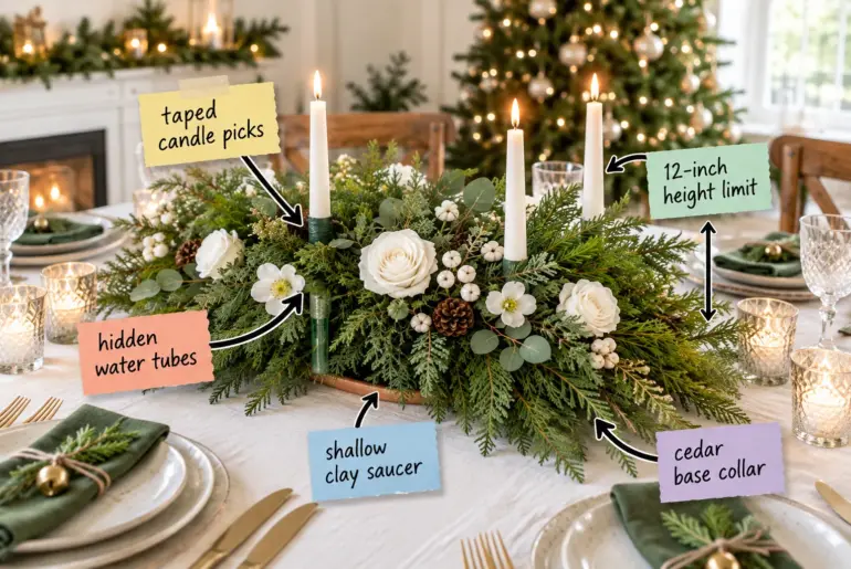 A lush, low-profile holiday table centerpiece made of fresh evergreens, white blooms, and taper candles, sitting on a festively set dining table with text labels pointing out hidden construction details.