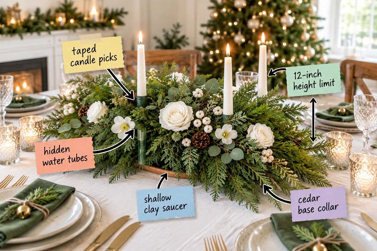 A lush, low-profile holiday table centerpiece made of fresh evergreens, white blooms, and taper candles, sitting on a festively set dining table with text labels pointing out hidden construction details.
