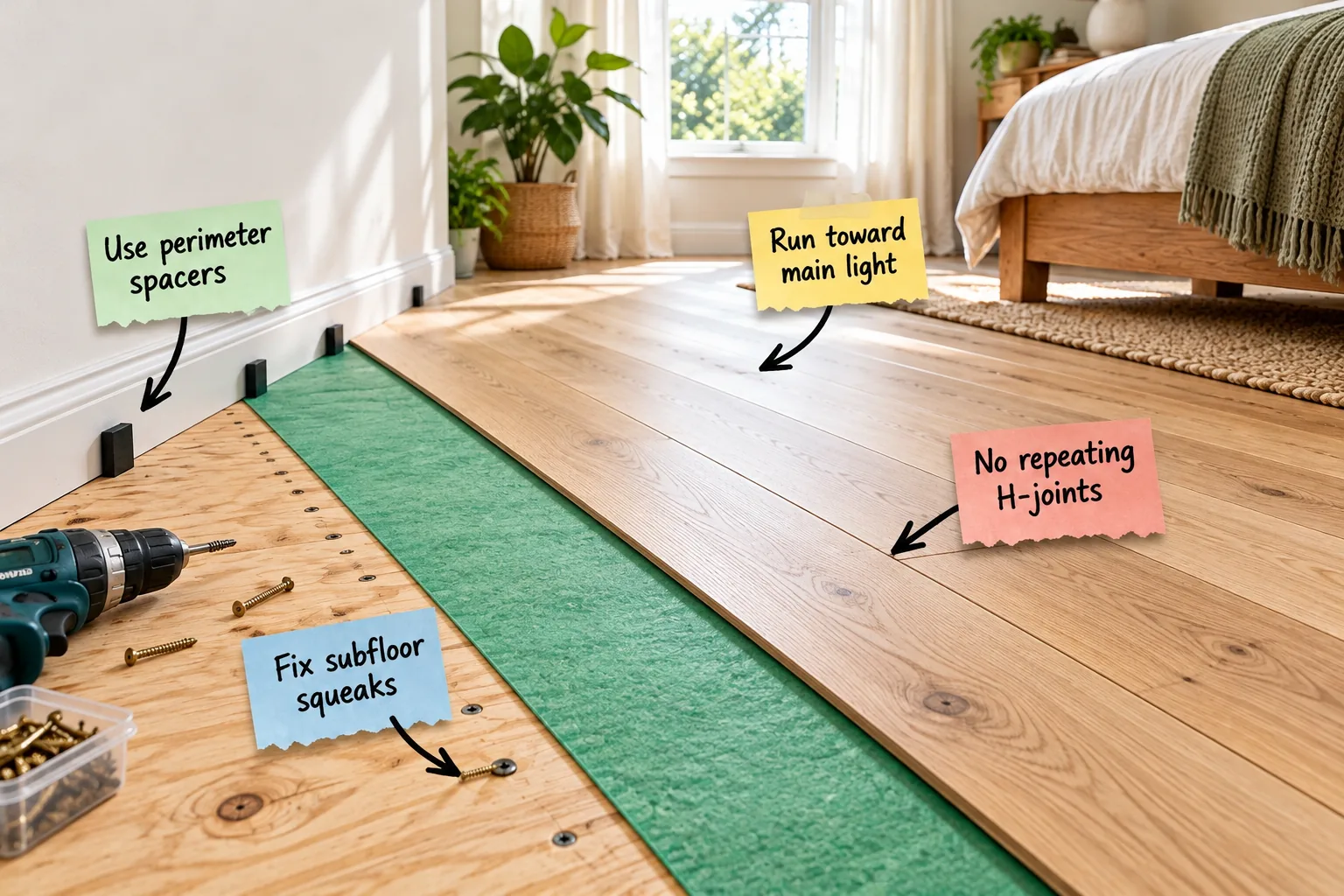 A bedroom floor mid-installation showing bare plywood, green underlayment, and finished white oak planks with instructional labels.