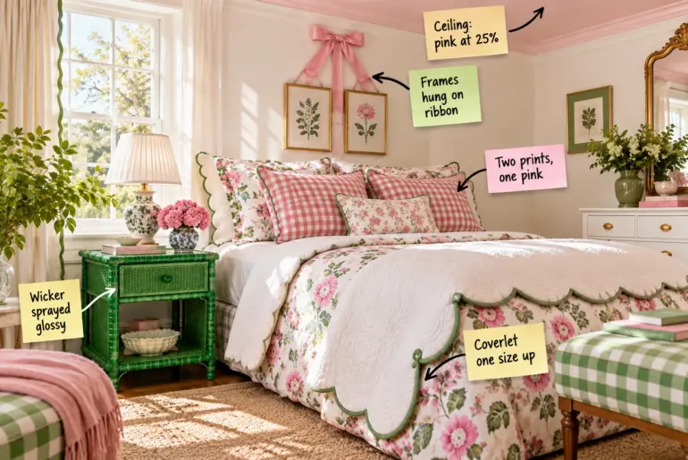 A bright preppy bedroom with pink and green floral bedding, a green wicker nightstand, and framed art hung by pink ribbon, with annotated sticky notes pointing out design details.