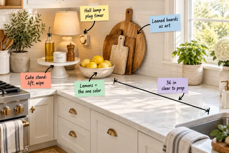 A bright kitchen counter corner styled with layered wood cutting boards, a small table lamp, a cake stand holding oils, and a bowl of lemons next to an open prep space.