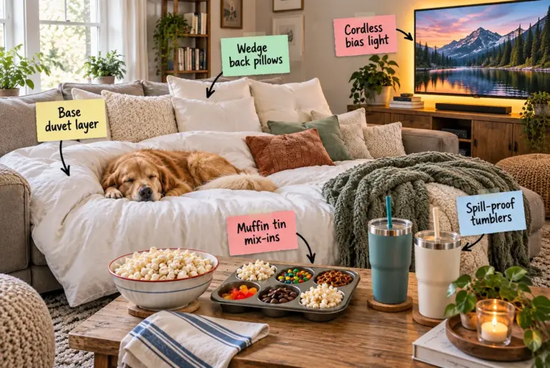 Cozy living room sofa covered in a white duvet with a golden retriever, facing a coffee table with a muffin tin snack station and tumblers.