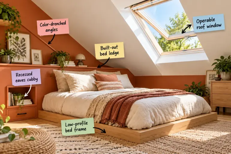An attic bedroom featuring a low wooden bed, terracotta painted knee walls with built-in storage, and a white slanted ceiling with an open skylight.