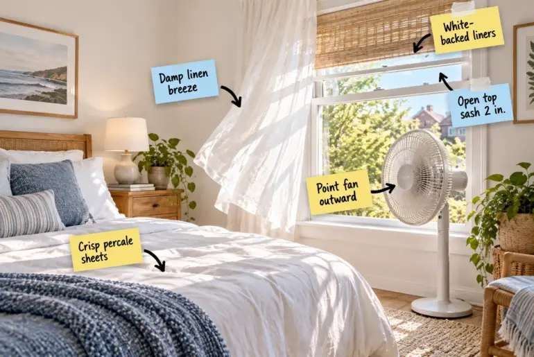 A bright bedroom featuring an open window with a fan blowing outward, sheer curtains blowing inward, and crisp white bedsheets.