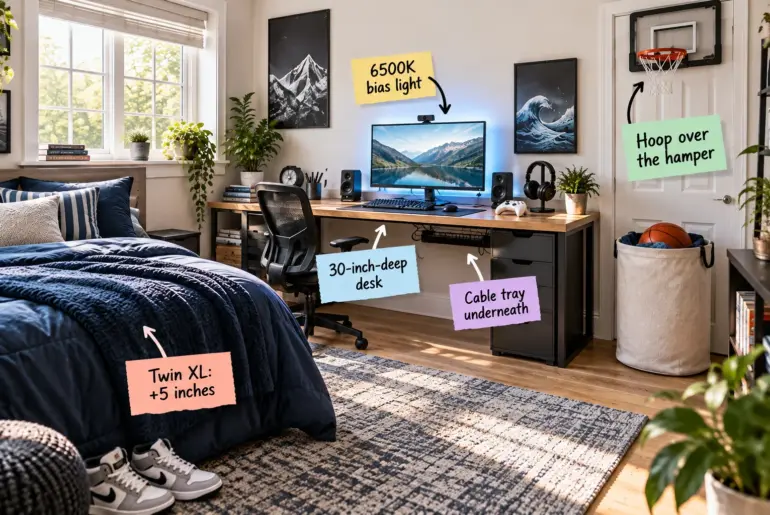 A sunlit teen boy bedroom featuring a navy Twin XL bed, a deep wood desk with a glowing monitor, and a mini basketball hoop over a canvas laundry hamper.