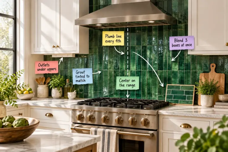 A kitchen featuring a vertical stack-bond emerald green tile backsplash with a horizontal sample board on the counter and annotated post-it notes.