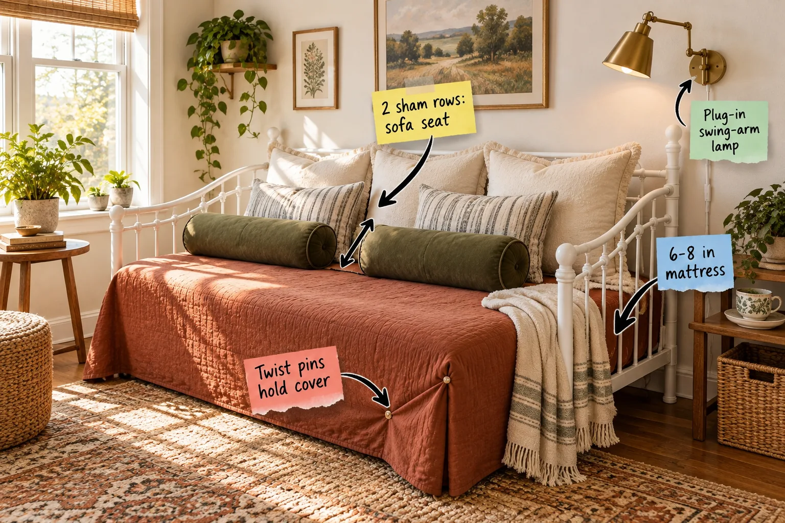 A white metal daybed styled as a sofa with a terracotta coverlet, olive bolsters, layered pillows, and a brass wall sconce, featuring sticky notes pointing out key styling measurements.