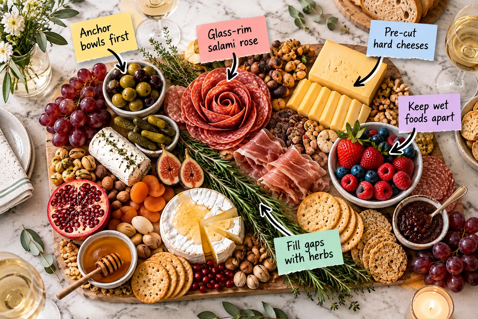 Overhead view of a large wooden board on a marble counter, completely covered in cheeses, charcuterie, fruits, and nuts with pastel sticky note labels.