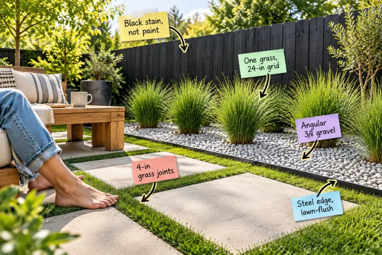 A modern backyard featuring large concrete pavers with grass joints, a wood bench, a gravel planting bed with ornamental grasses, and a black stained fence.