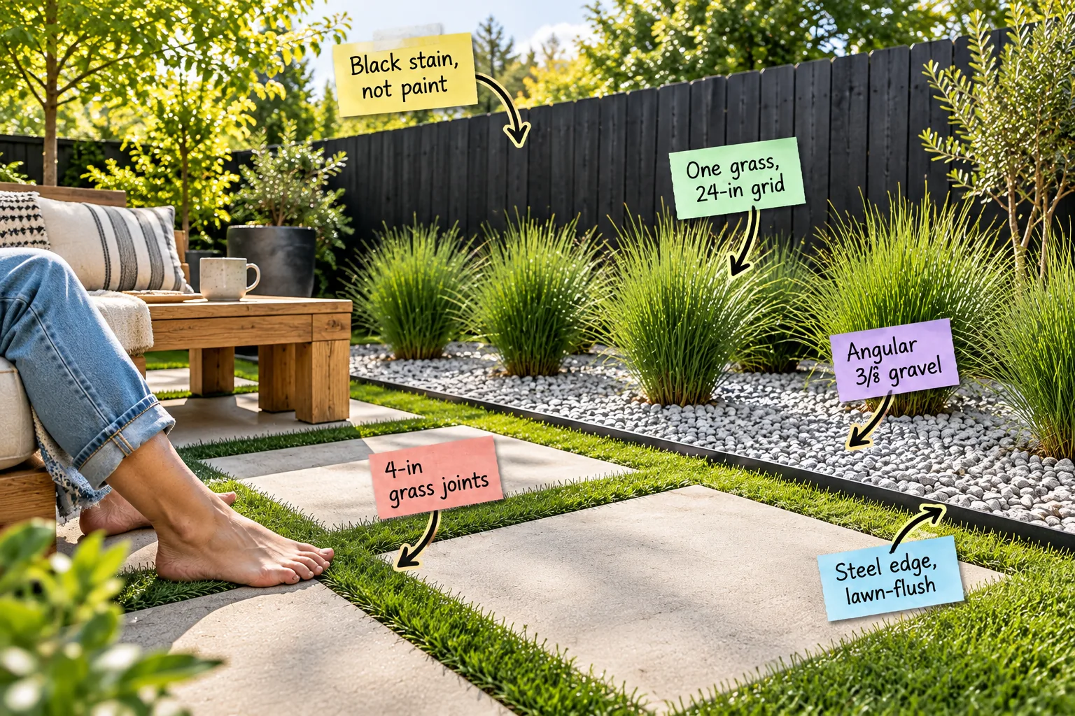 A modern backyard featuring large concrete pavers with grass joints, a wood bench, a gravel planting bed with ornamental grasses, and a black stained fence.