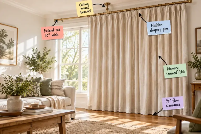 Oatmeal linen curtains hung from a brass ceiling-mounted rod in a sunlit living room with annotations for measurements.