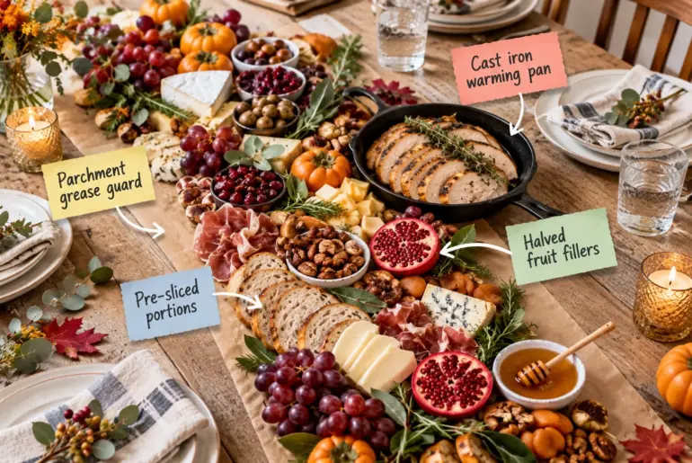 Overhead view of a lush Thanksgiving grazing table runner on a rustic wooden table, featuring sliced turkey in a cast iron pan, cheeses, meats, and halved pomegranates.
