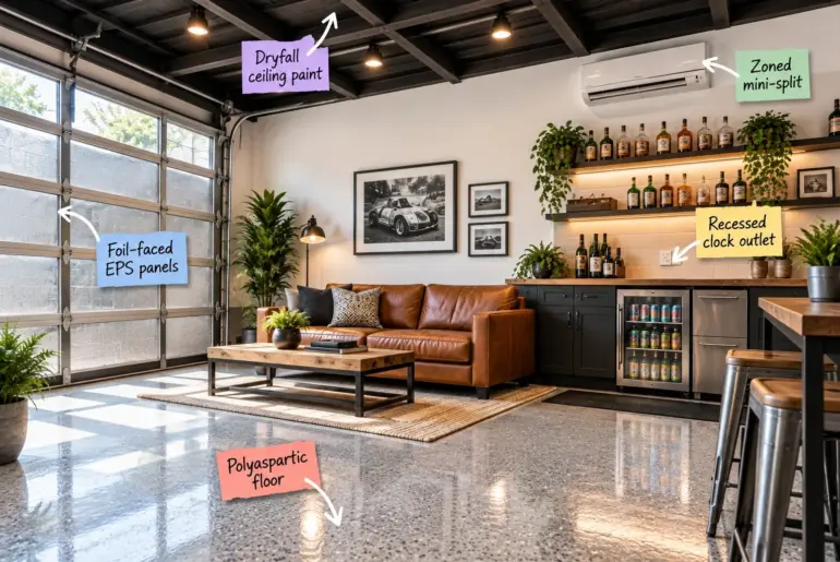A premium finished garage man cave featuring a leather sofa, built-in bar, glossy speckled floors, and a dark painted ceiling.