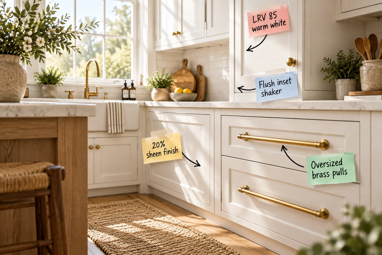 Sunlit kitchen featuring custom white inset shaker cabinets with warm brass hardware, styled with wood cutting boards and greenery.