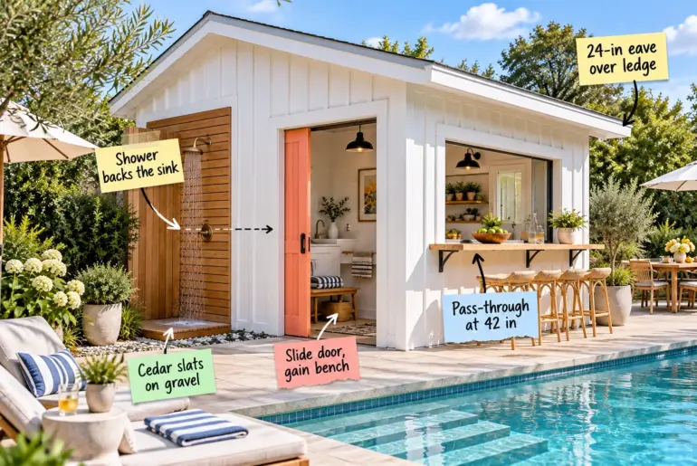 White 10x12 board-and-batten pool house with a cedar outdoor shower, coral pocket door, and pass-through bar window next to a swimming pool.