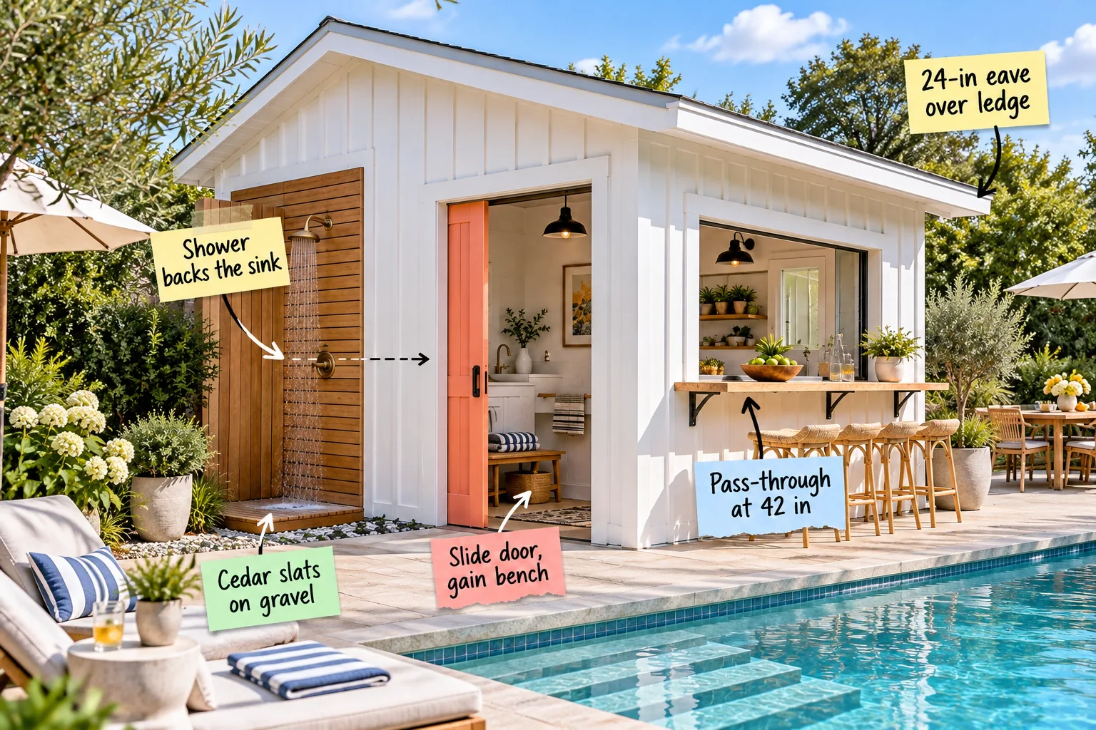 White 10x12 board-and-batten pool house with a cedar outdoor shower, coral pocket door, and pass-through bar window next to a swimming pool.