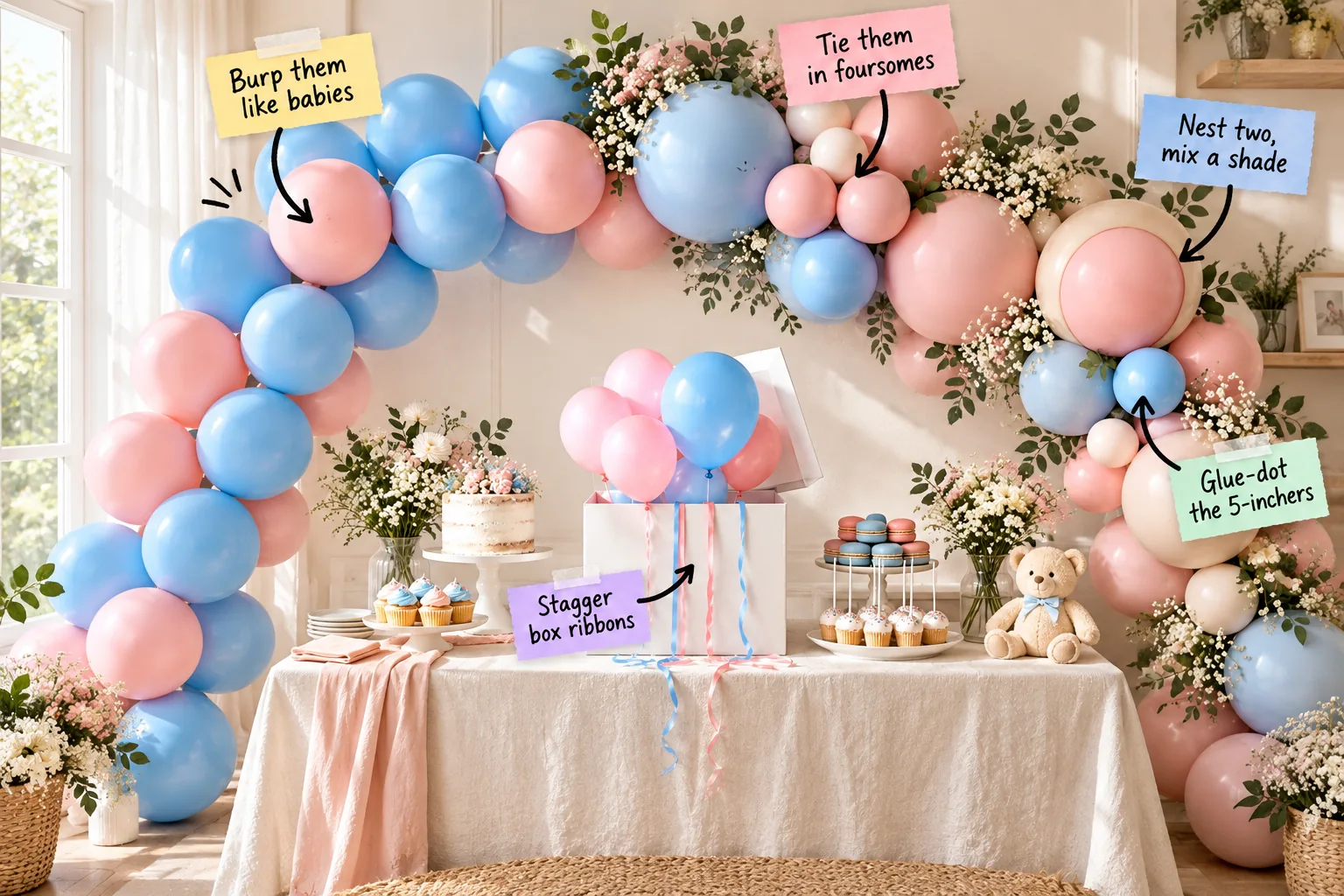 A dessert table featuring a balloon garland that transitions from uniform pink and blue balloons on the left to an organic mix of varied sizes and muted colors on the right.