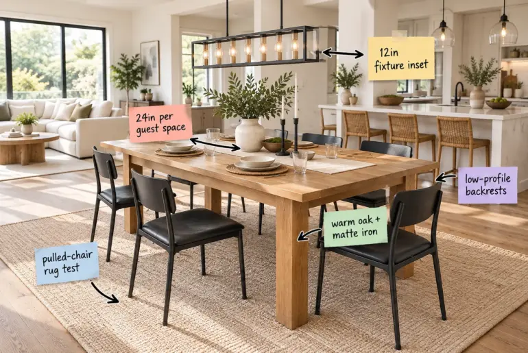 Bright open-plan dining room featuring a warm oak table, matte black chairs, and a linear chandelier.