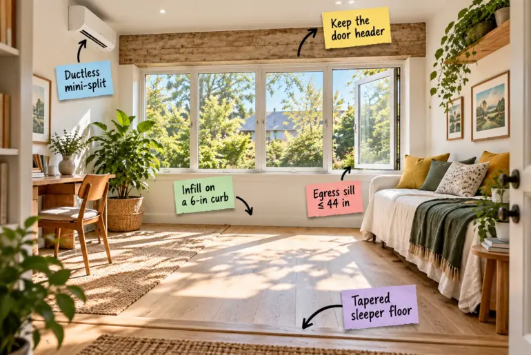 Bright converted garage guest room with large windows, oak floors, a daybed, and a mini-split air conditioner on the wall.