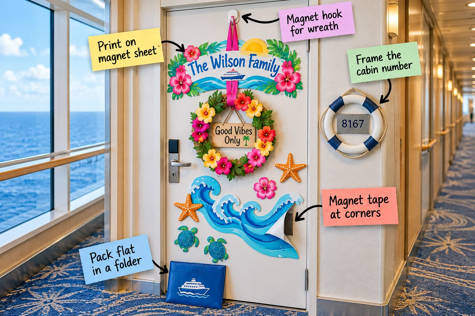 A white cruise ship cabin door decorated with tropical magnetic cutouts, a hibiscus wreath, and a blue document folder on the floor.