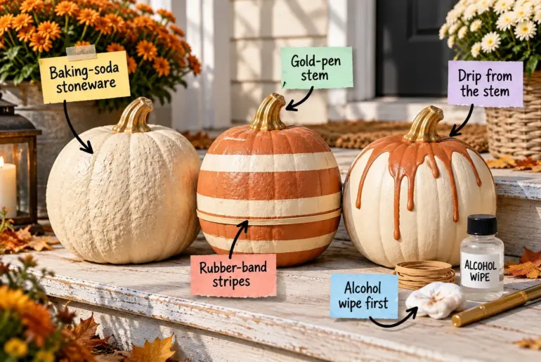 Three painted pumpkins in cream and terracotta sitting on a white wooden porch step with painting supplies nearby.