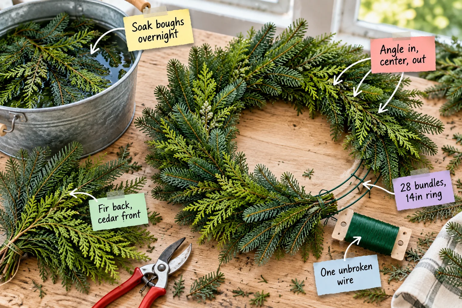 Partially finished fresh evergreen wreath on a wooden table with a bucket of soaking boughs and a spool of wire.