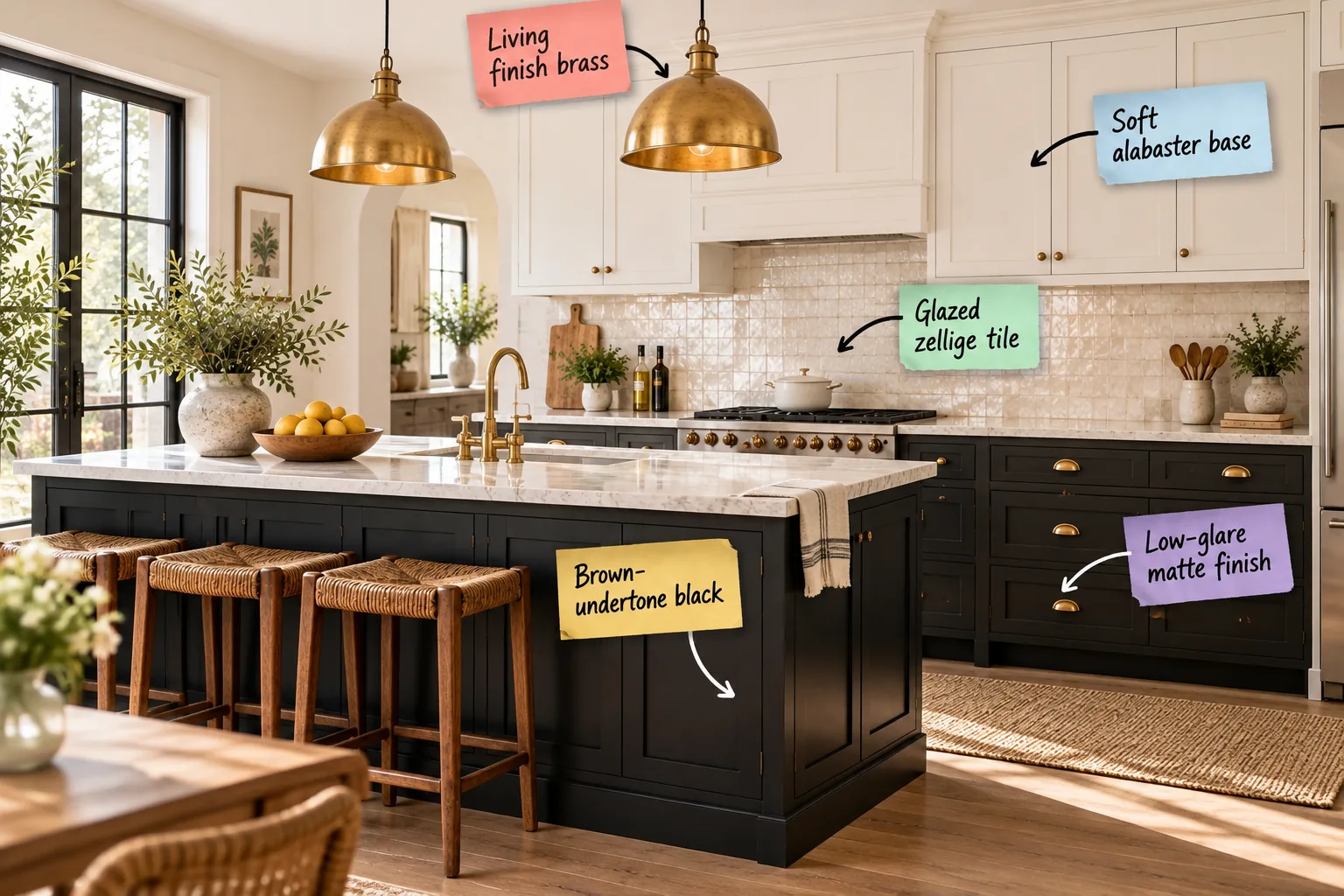 Sunlit kitchen featuring a black island, white upper cabinets, zellige tile backsplash, and brass pendant lights.