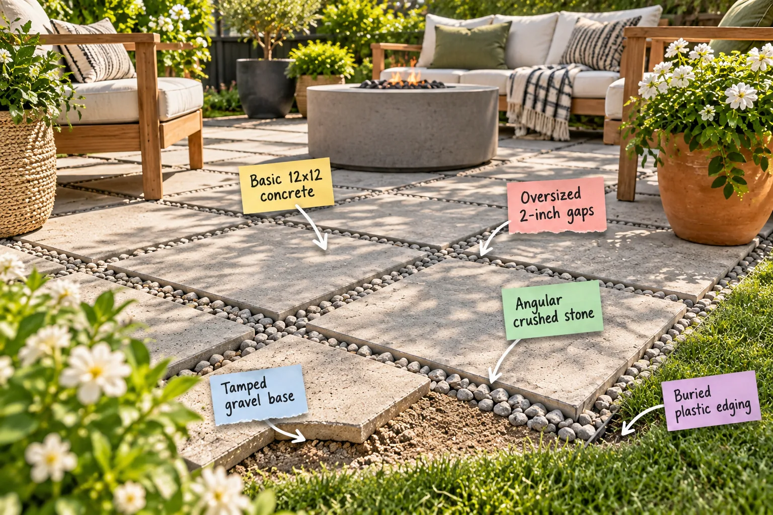 Sunny outdoor patio built with gray square concrete pavers separated by wide gaps of crushed stone, featuring a black woven chair and terracotta planter.