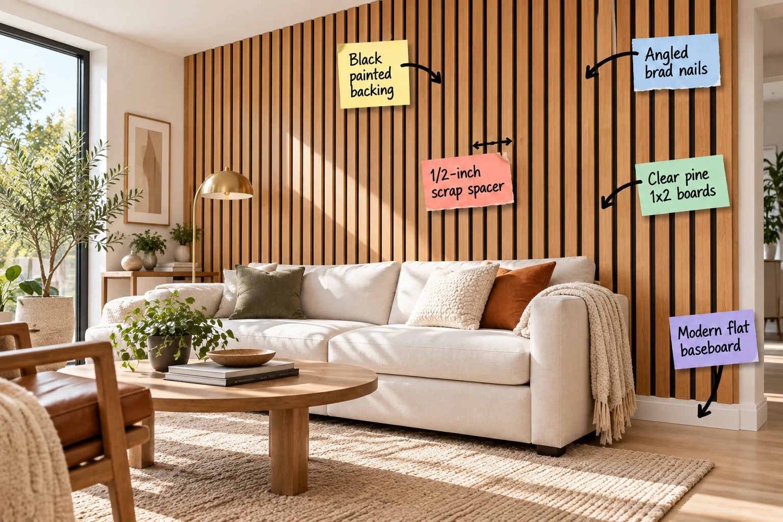 A bright living room featuring a natural wood slat accent wall with black gaps behind a cream sofa, with labels pointing out the materials and spacing.