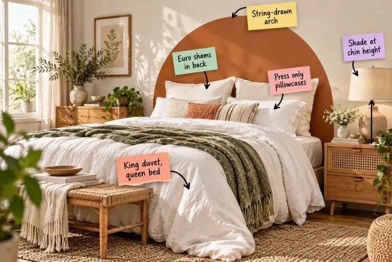 Bright bedroom featuring a terracotta painted arch headboard, white linen bedding, and a wooden nightstand with a ceramic lamp.