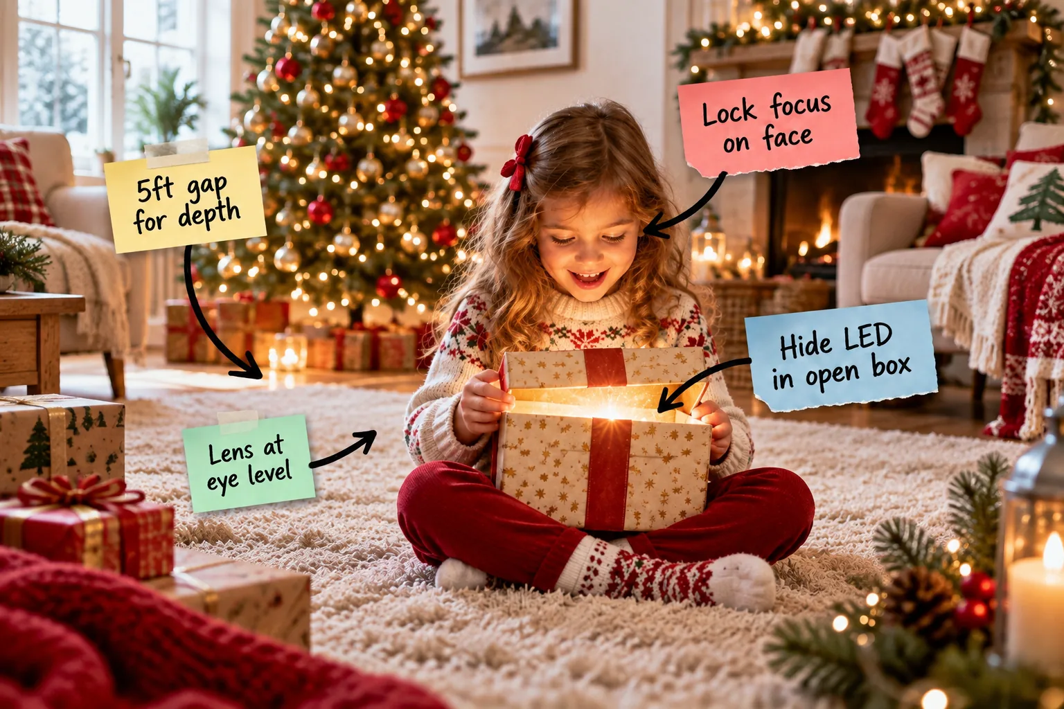 A child sitting on a rug holding a glowing open gift box in front of a lit Christmas tree, with text labels pointing out camera and setup techniques.