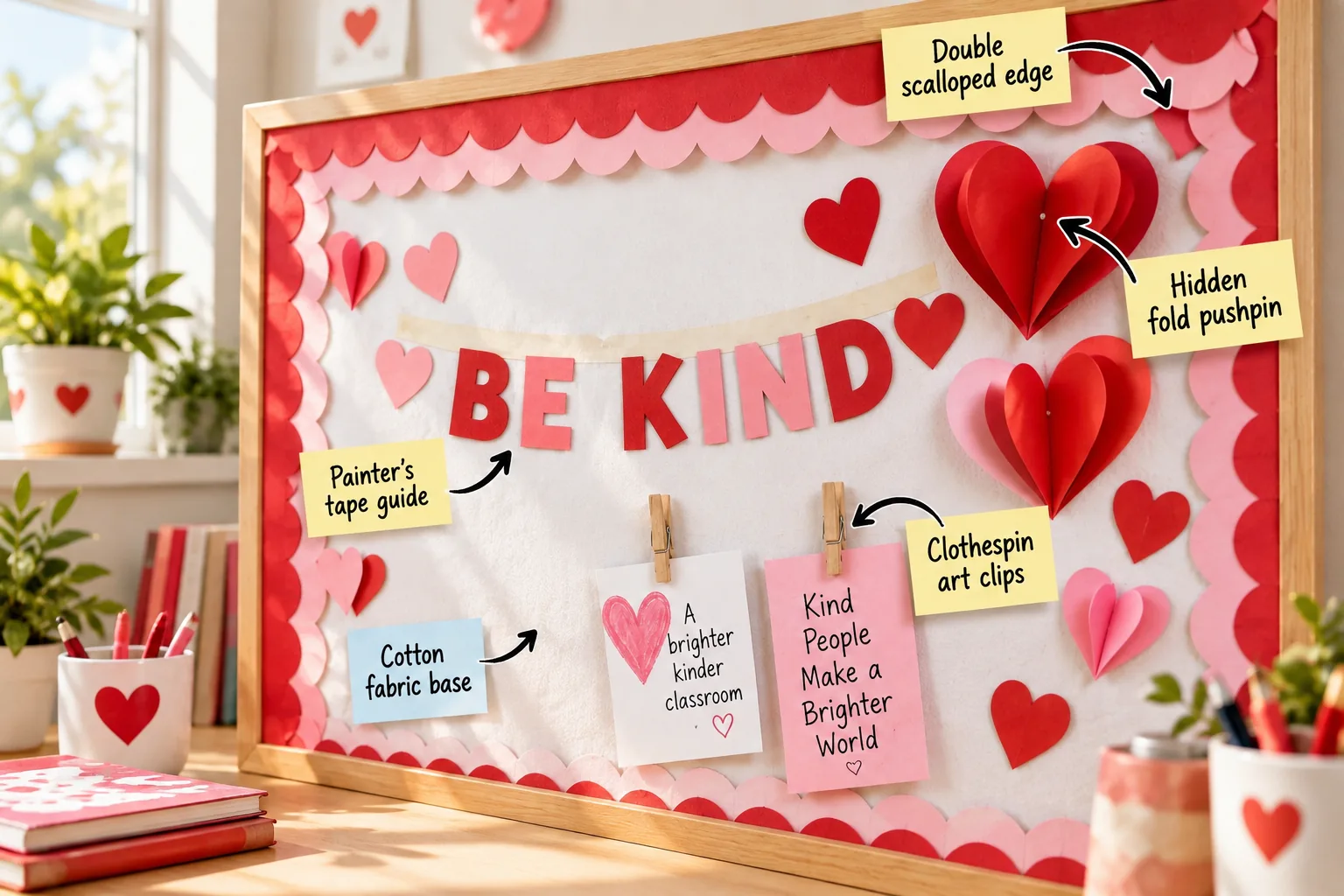 Valentine's Day bulletin board featuring 3D paper hearts, layered scalloped borders, and perfectly aligned BE KIND lettering on a white fabric background.