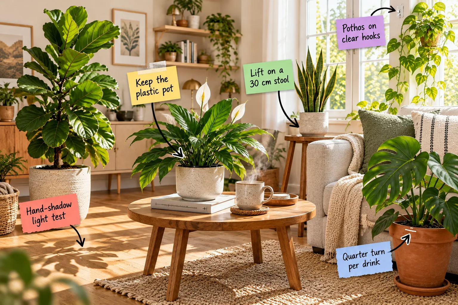 Bright living room on a sunny morning featuring a linen sofa surrounded by a fiddle-leaf fig, monstera, snake plant, golden pothos, and a peace lily on a coffee table.