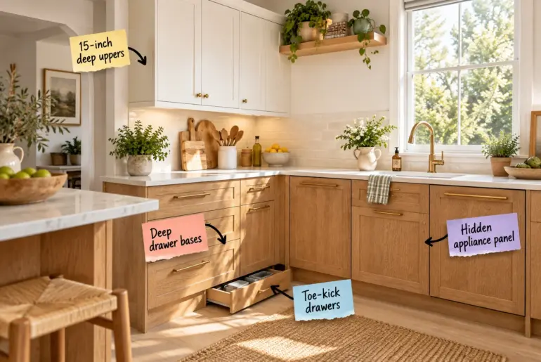L-shaped small kitchen featuring creamy white upper cabinets and warm wood lower cabinets with brass hardware.