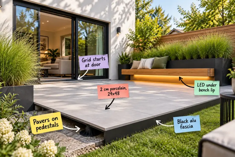 A contemporary modern patio with pale grey porcelain pavers, a floating oak bench, and black planter boxes.