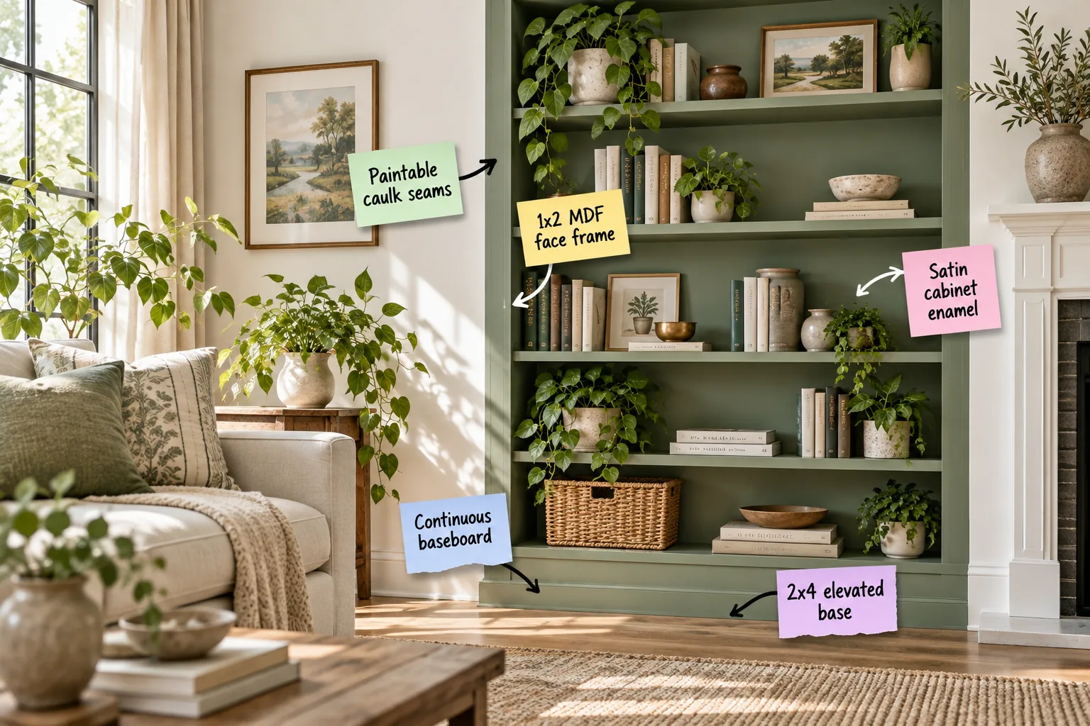 Floor-to-ceiling built-in bookshelf painted in sage green, styled with books and trailing plants in a bright living room.