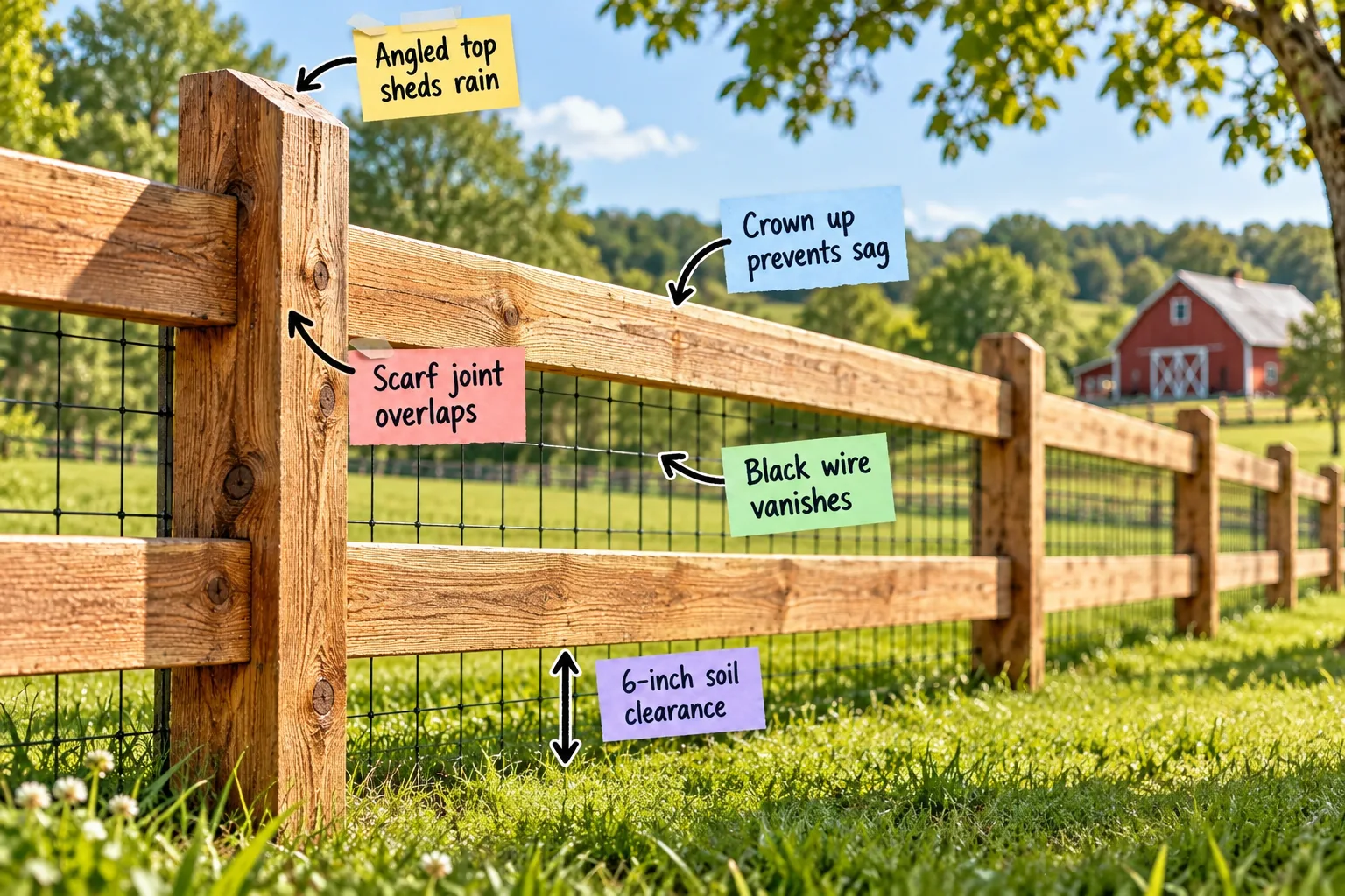 A sunlit natural cedar post-and-board farm fence enclosing a lush green yard with black wire mesh attached to the inside.