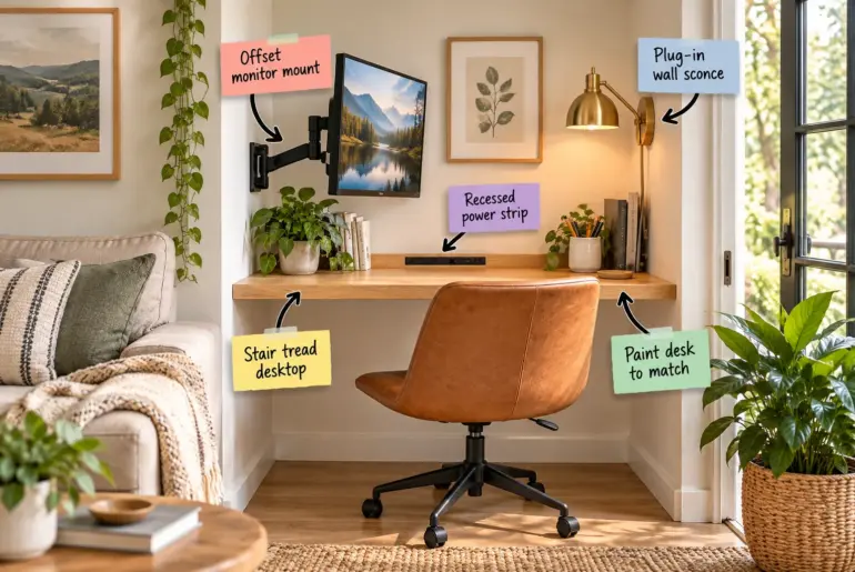 A highly efficient micro-office built into a shallow living room alcove, featuring a floating wood desk, side-mounted monitor, and brass sconce.
