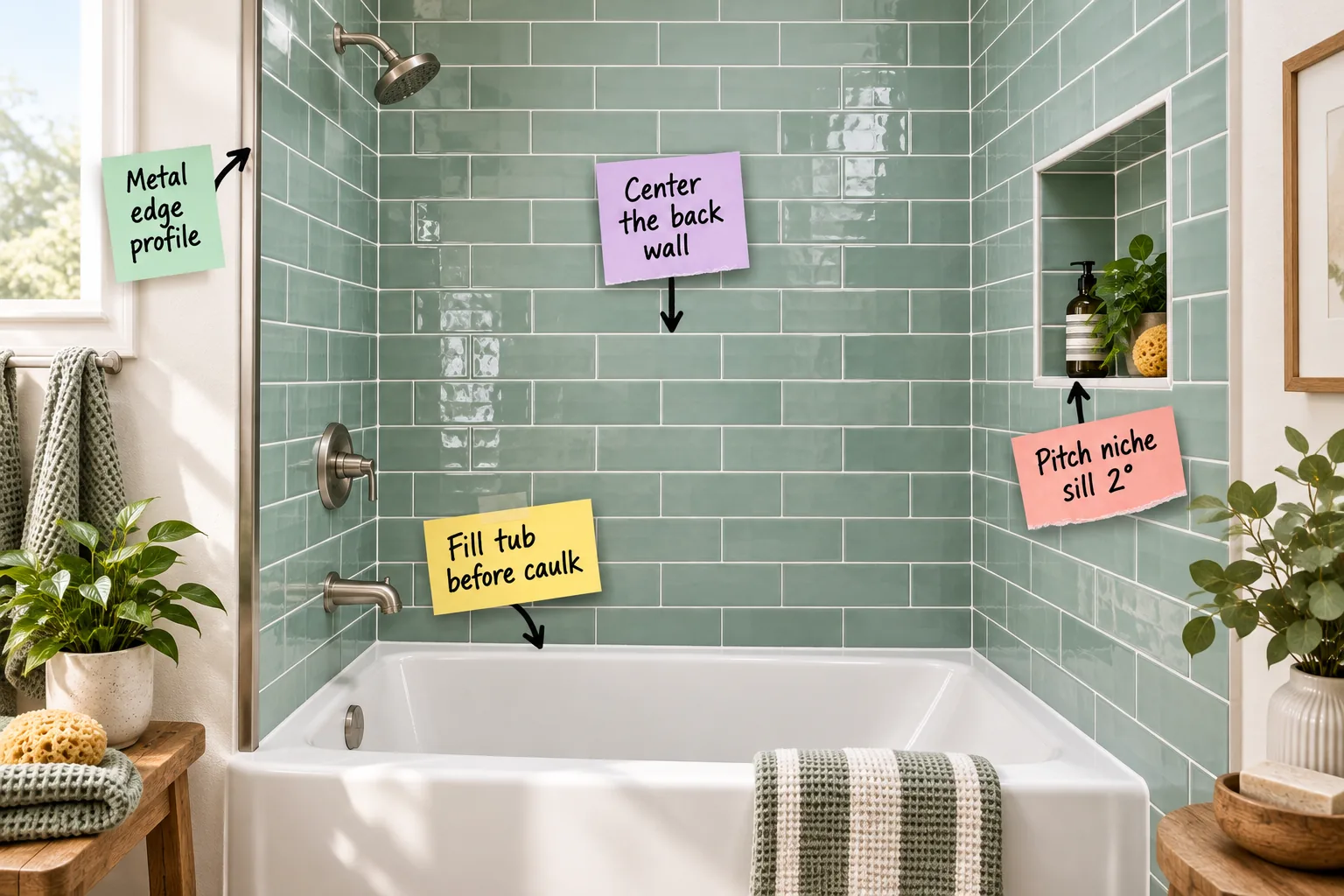 A freshly tiled bathtub alcove with sea-glass green subway tiles and instructional notes attached to the walls.