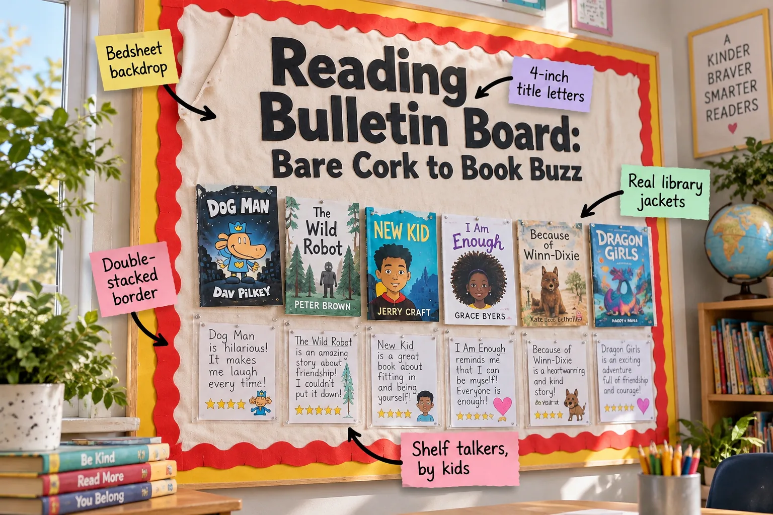 A finished classroom reading bulletin board with a cream fabric background, red and yellow borders, book jackets, and handwritten student reviews in clear pockets.